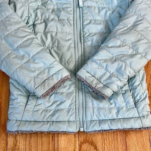The north face green and greyreversible jacket girl size 4
